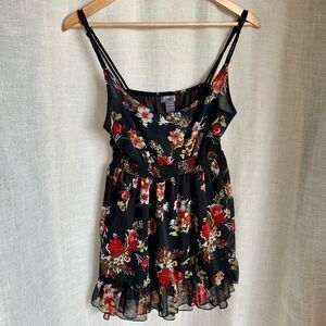 Poetry Floral Women Babydoll Top Size Lg Black Red Ruffle Hem Forrest Fairy Y2K
